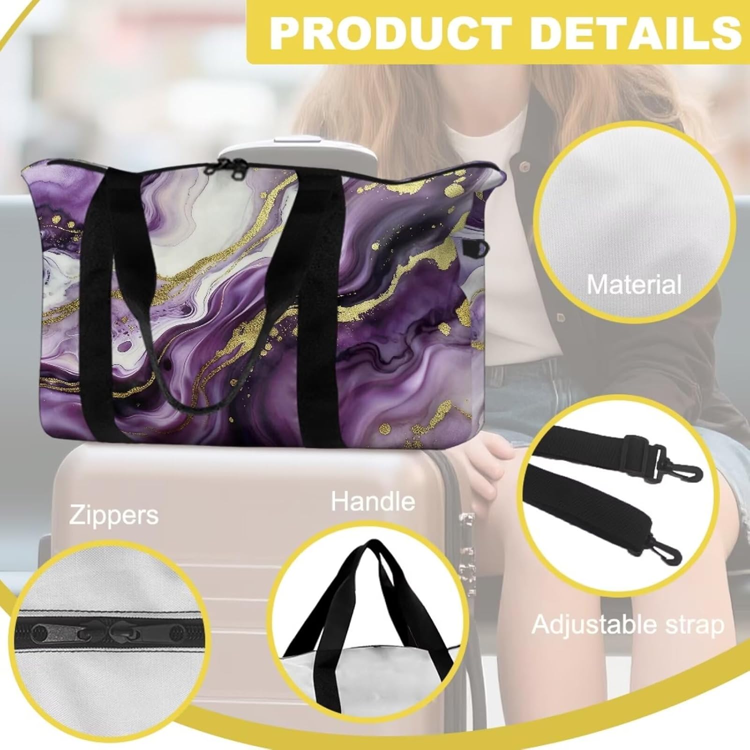BIGCARJOB Marble Print Travel Tote Bags for Women, Weekend Bags Wateproof Duffel Bag for Traveling Carry On Luggage Storage Foldable Duffle Bag with Pocket