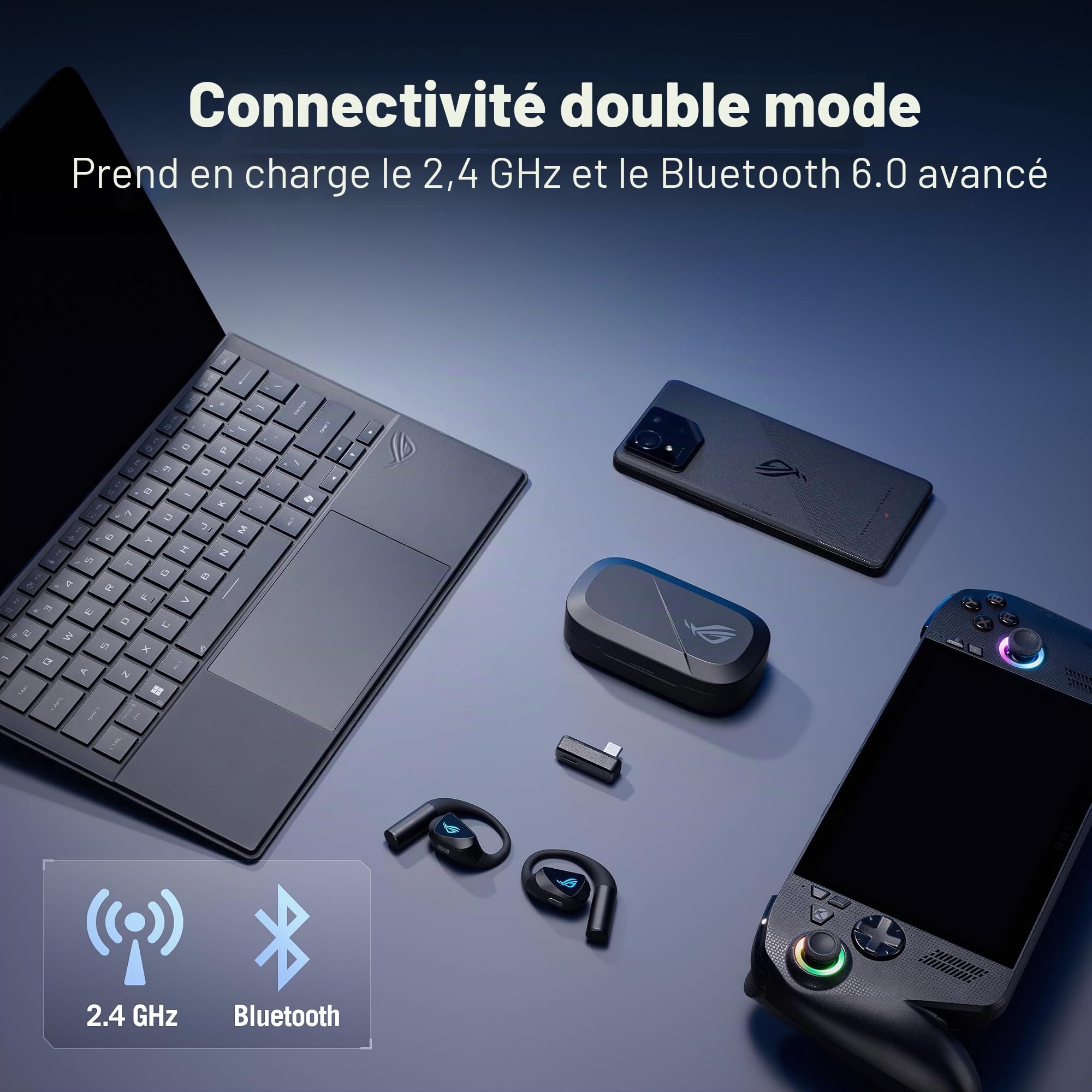 ASUS - ROG Cetra Open Wireless - Écouteurs Gaming sans-Fil, Haut-parleurs avec revêtement DLC, Modes Audio personnalisés, Quatre micros à réduction de Bruit par IA, 16 Heures d'autonomie,