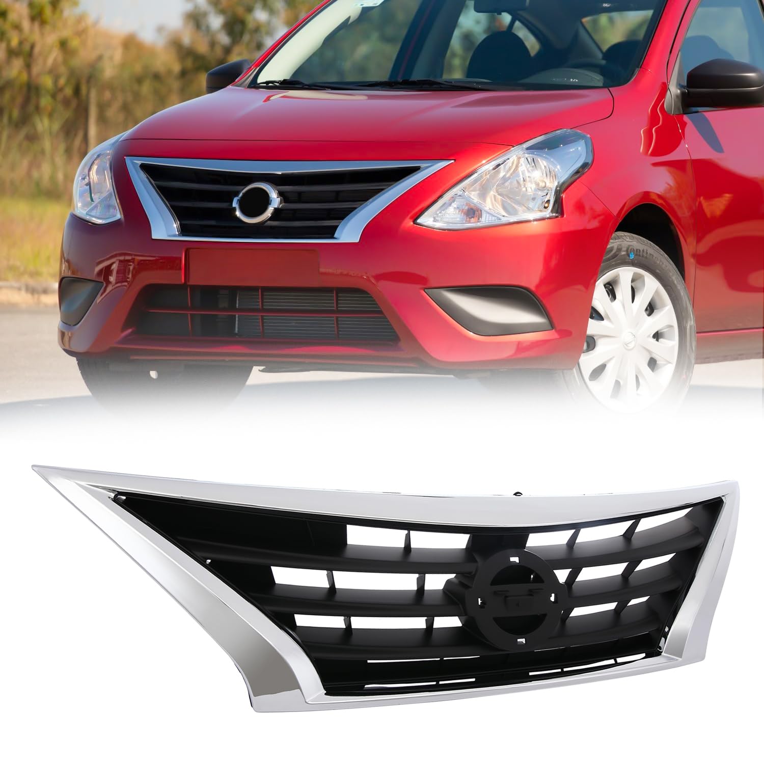 Partzer Front Hood Bumper Grill Black Shell Grille Cover Compatible with 2015-2018 Nissan Versa Cover Chrome Black Assy 623109KM0D 623109KM0A