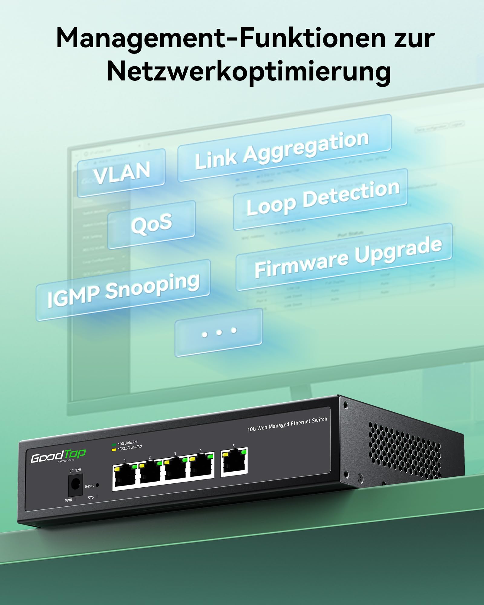 5-Port 10G Managed Switch, LAN Switch 10Gbit mit Noctua Silent-Lüfter