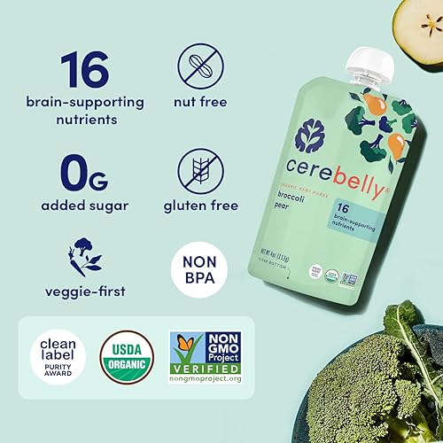 Miniatura 5 de Cerebelly Bolsa de comida para bebés: pera de brócoli, purés de frutas y verduras orgánicos, gran aperitivo para niños, 16 nutrientes que apoyan el