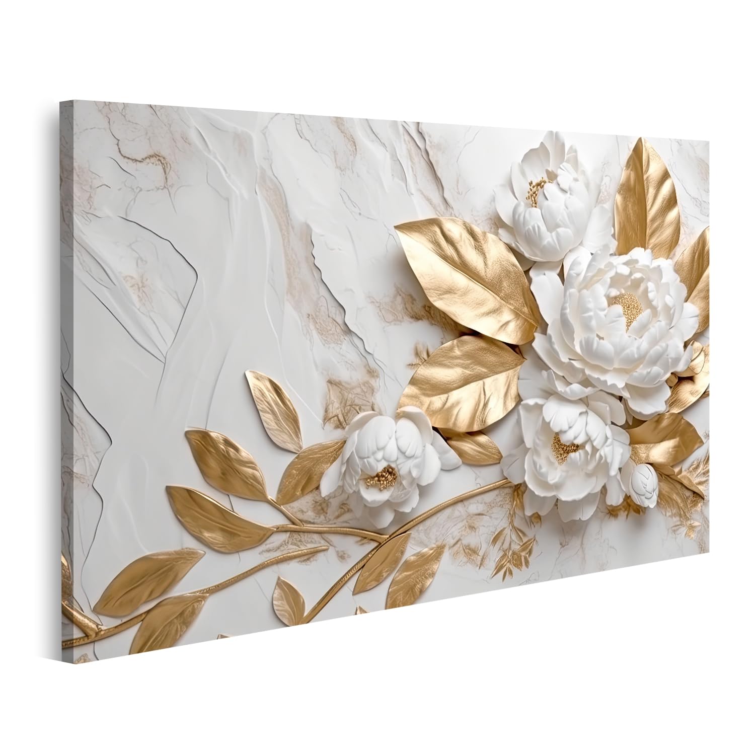 islandburner Tableau sur Toile Texture Marbre Couleurs Or Blanc Fleurs Dorées Design Luxueux Cadre Affiche Poster Murale Tableaux