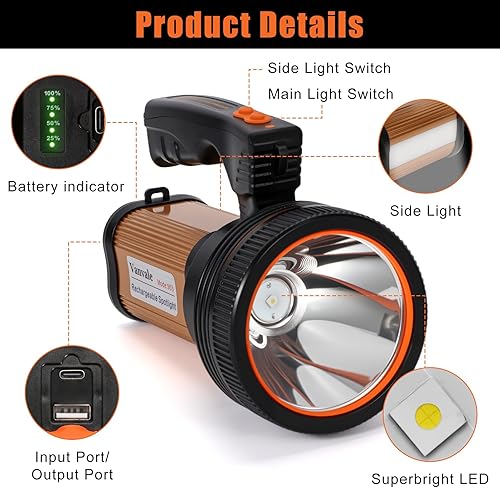 Miniatura 5 de Linterna táctica LED recargable de mano con luz lateral, 5 modos de iluminación, linterna impermeable con asa, función de banco de energía, súper