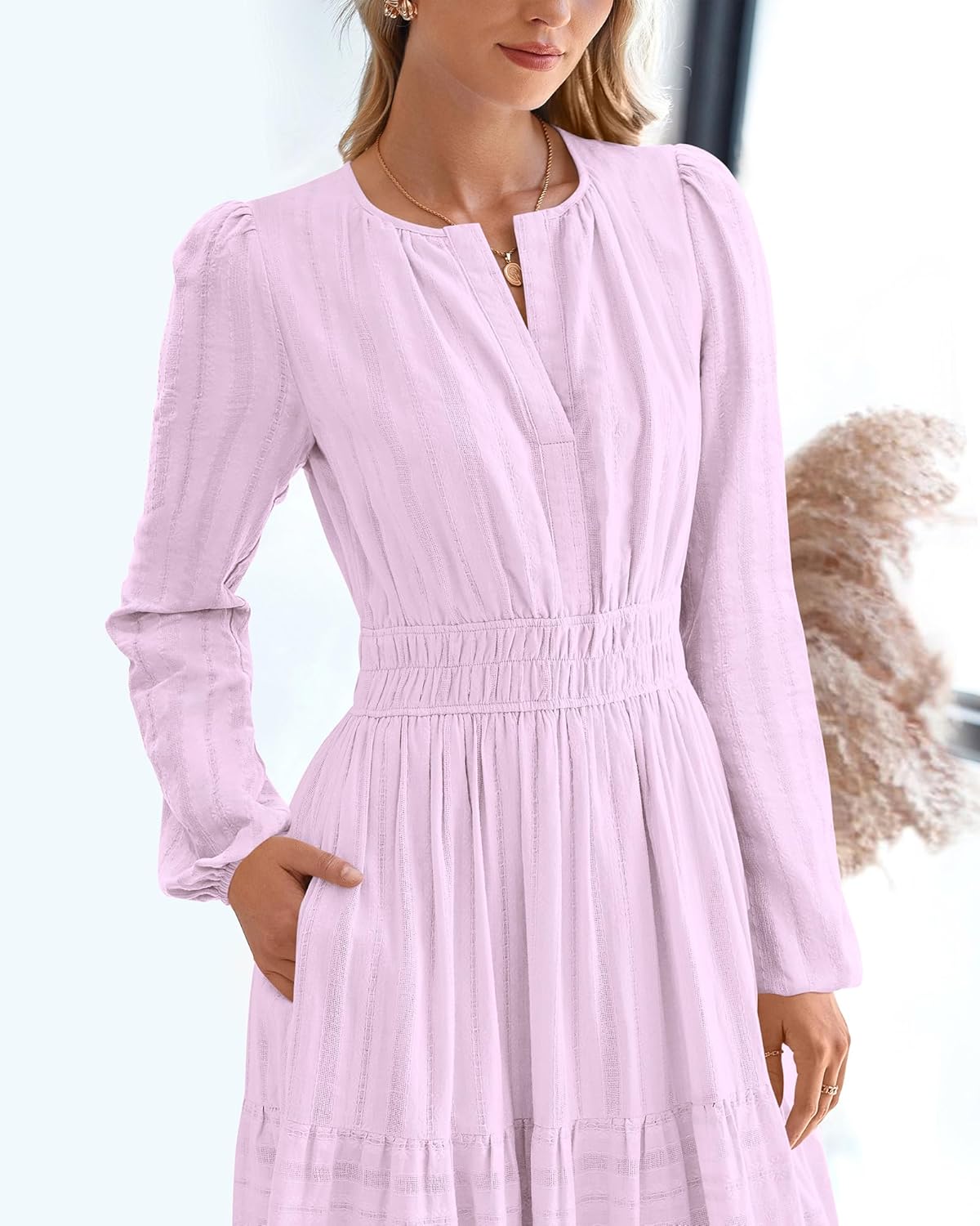 BTFBM Spring Dresses for Women 2026 Casual Long Sleeve V Neck Elastic Waist Lightweight Maxi Wedding Guest Dress Pockets - Image 6