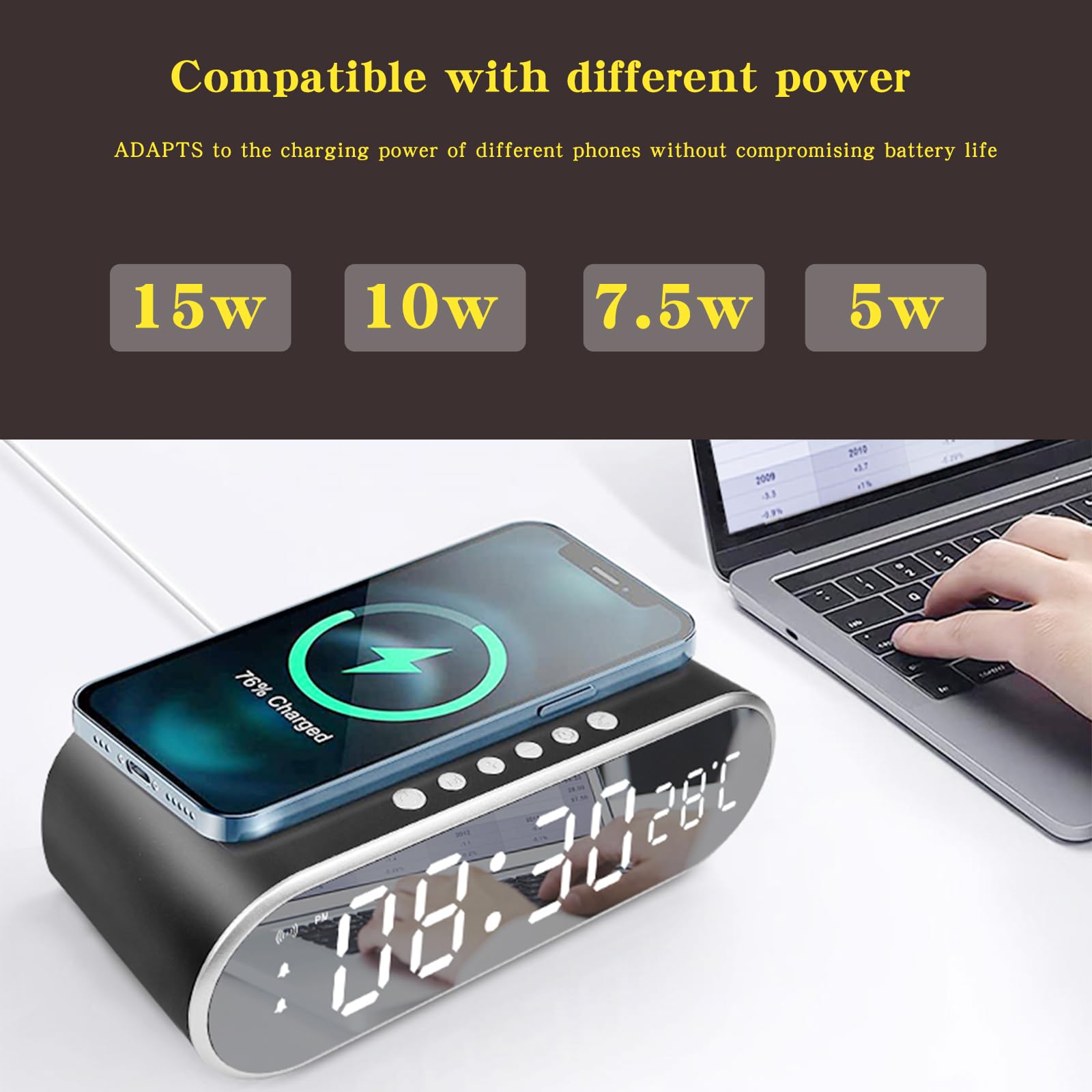 Sveglia per camere da letto con caricabatterie per telefono, piccolo orologio digitale da tavolo con visualizzazione della temperatura, sveglia con stazione di ricarica wireless, sveglia carina con