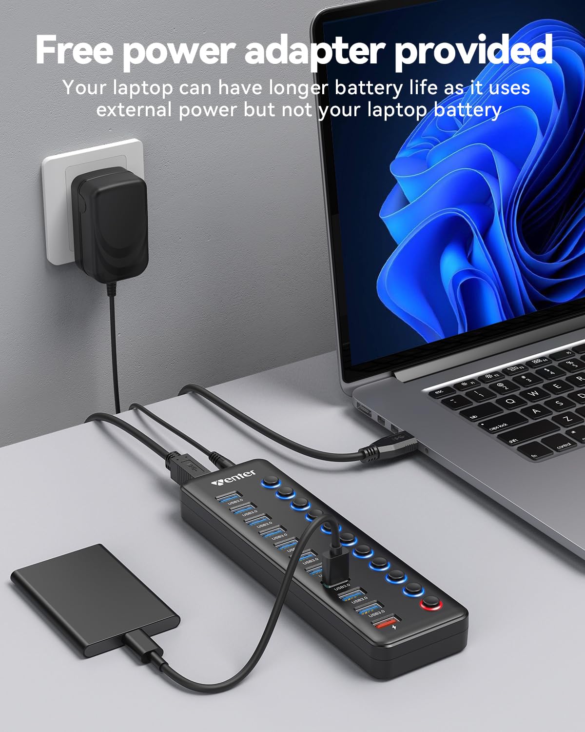 HUB USB 3.0 Alimentado Externa, WENTER Multipuerto USB 11 en 1, 10 Puertos de hub USB 3.0 y 1 Puertos de Carga rápida Indicador Ladron USB Concentrador USB LED y Active Switch con Adaptador de Corrien