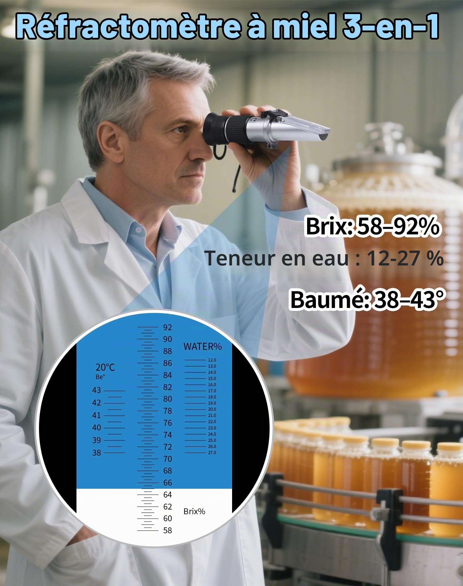 Refractometre Miel avec Fonction ATC Brix 58-92% d'eau 12-27% Be° 38-43° Réfractomètre pour Miel avec Solution d'étalonnage 72.2% Réfractomètre Manuel pour Miel sirop mélasse