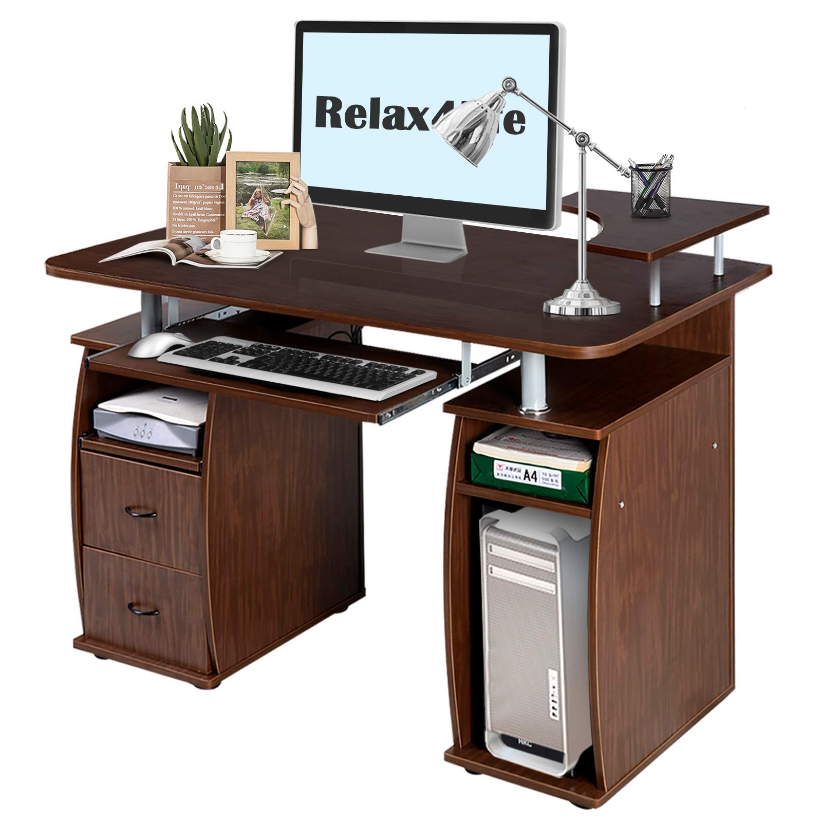 RELAX4LIFE - Escritorio de madera con dos cajones, mesa de ordenador con teclado extensible, mesa de ordenador con estantes, escritorio de esquina para apartamento y despensa, color negro/blanco/nogal