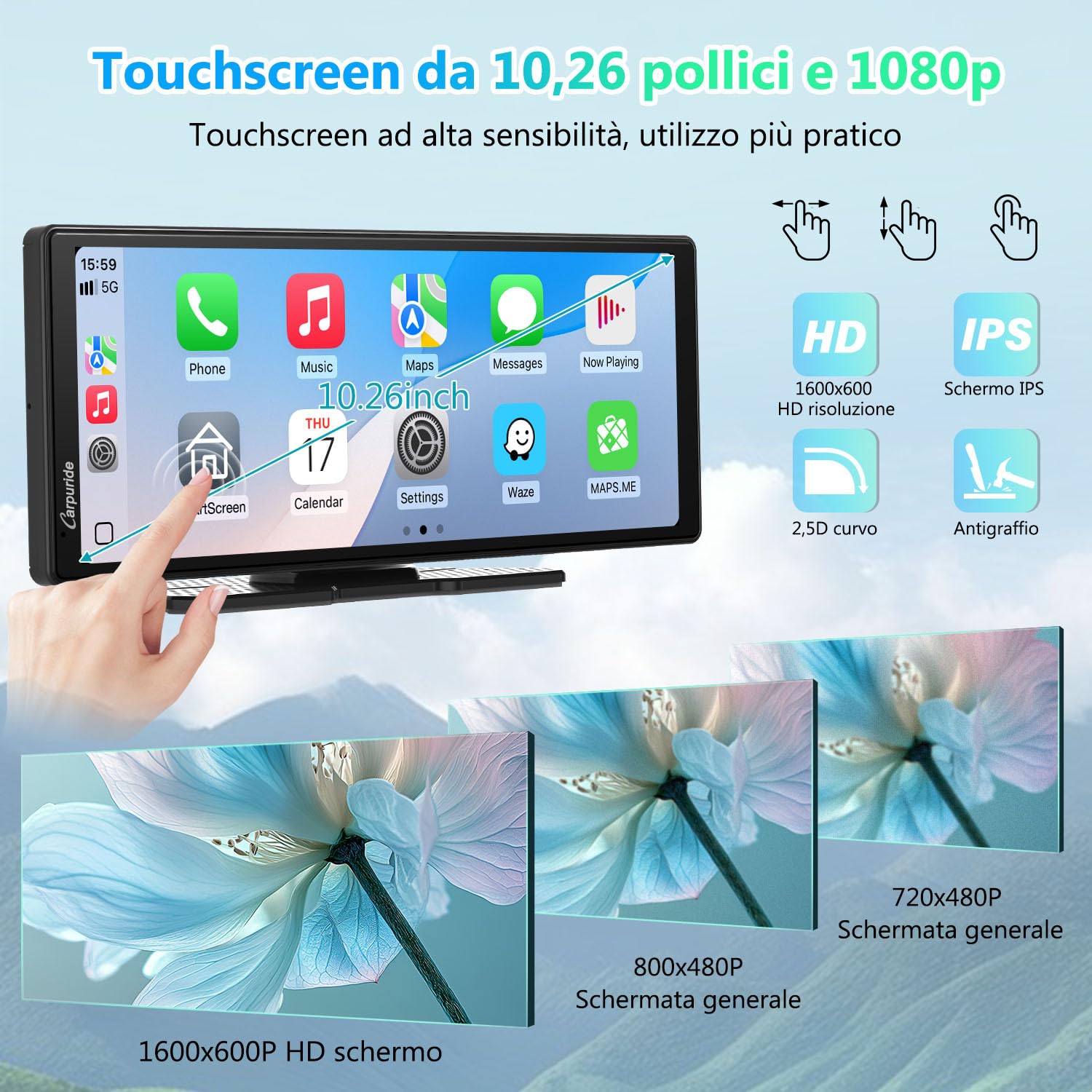 CARPURIDE V92R - Schermo portatile per carplay wireless e Android Auto, touch screen HD da 10,26 pollici, 1080p, con telecamera di backup 720p, BT 5.0, supporto Mirror Link per camion e camper