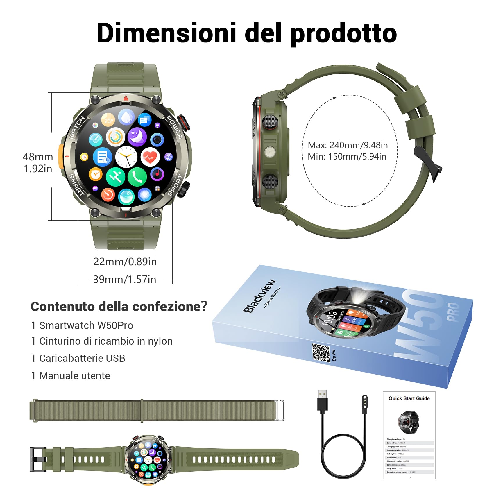 Blackview Smartwatch Uomo, 1.45" Smartwatch Militare Uomo Fitness con Chiamate Bluetooth Orologio Intelligente 100+ Modalità Sportive/Cardiofrequenzimetro/SpO2/Torcia/Bussola per Android iOS