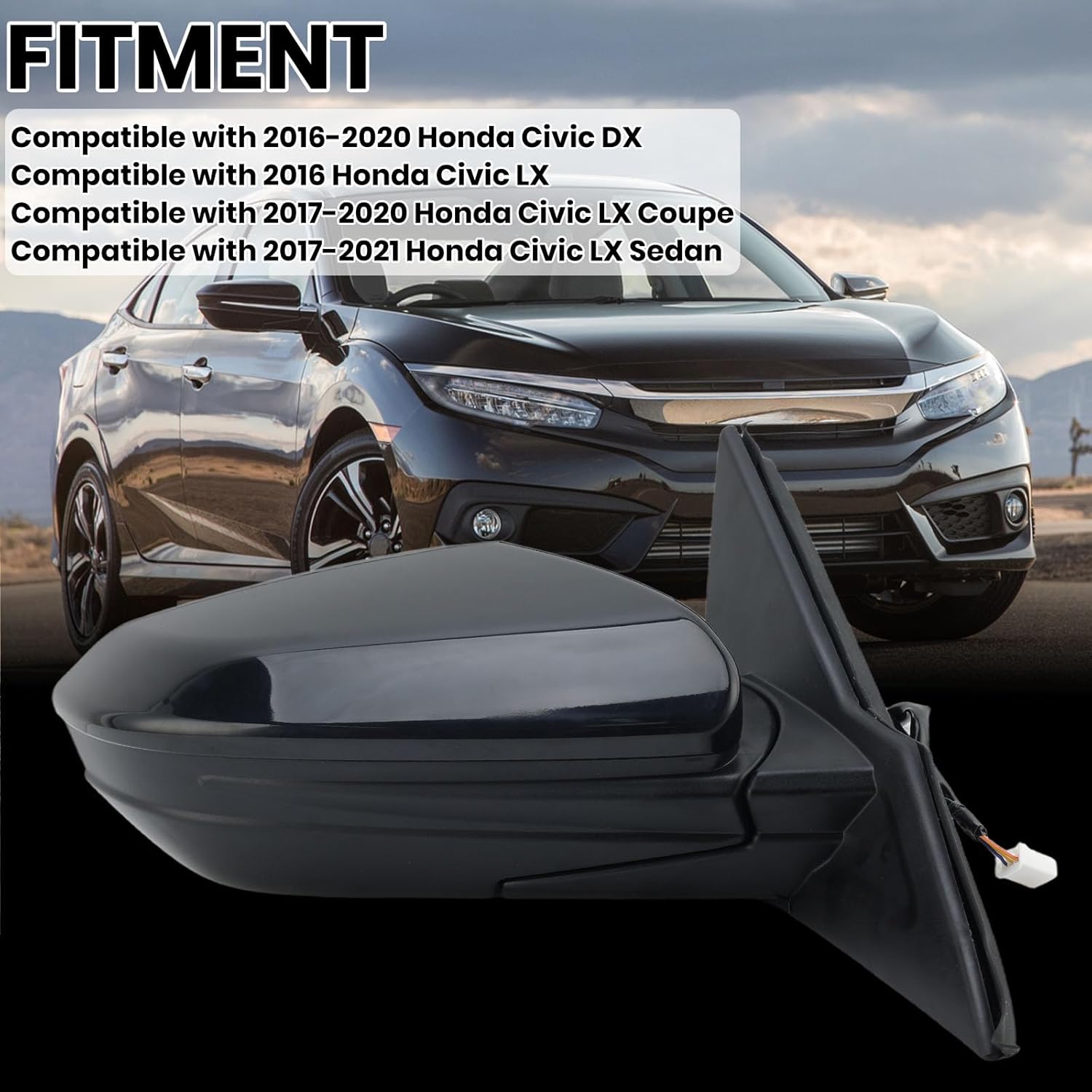 Right Passenger Side Mirror for 2016-2021 Honda Civic Rear Door Mirror Paintable Manual Folding Power Mirror Non-Heat 3 Pins HO1321283 76208TBAC03ZA,Black
