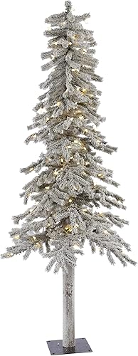Vickerman Árbol de Navidad artificial alpino flocado de 6 pies, luces LED Dura-iluminadas de color blanco cálido, árbol sintético cubierto de nieve,