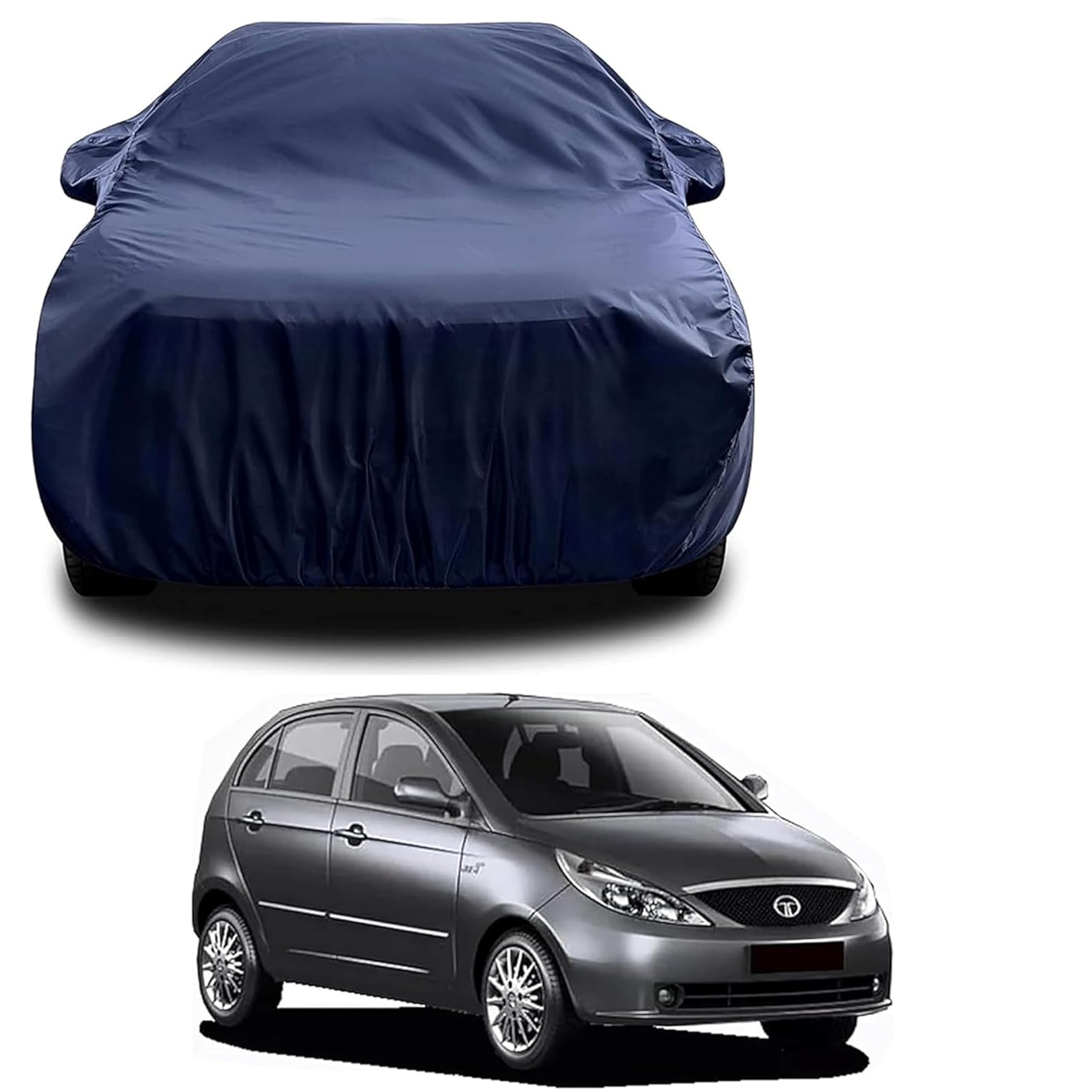 Sulfar 100% Water Resistant Car Body Cover Compatible with Mirror for Tata Indica Vista (Triple Stitched, Full Bottom Elastic, Navy Blue)
