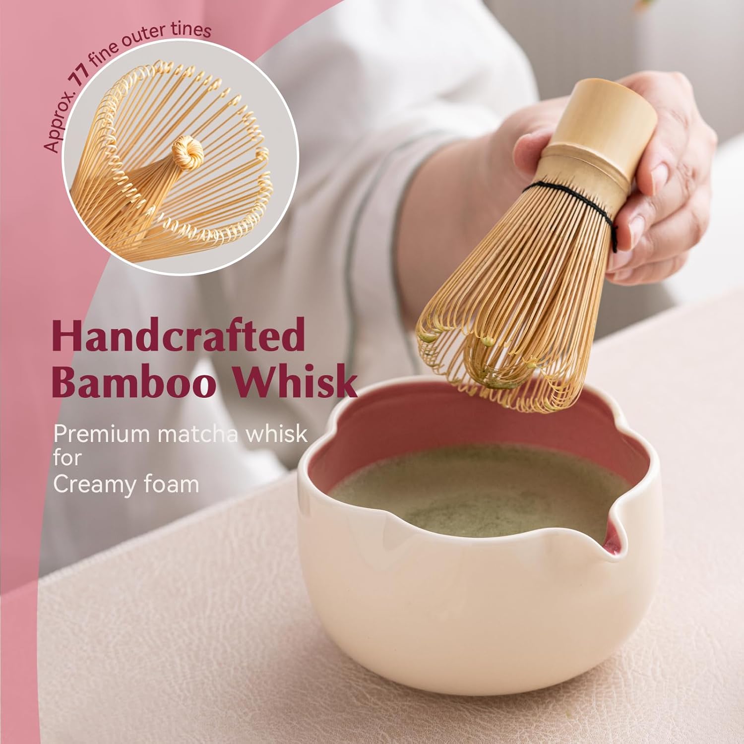 Matcha Set, 8Pcs Floral Ceramic Matcha Set with Matcha Whisk, Holder, Scoop, Scoop Rest, Sifter, Spoon and Tea Towel - Thoughtful Matcha Whisk Set Gift for Matcha Lovers (Beige & Pink) - Image 7
