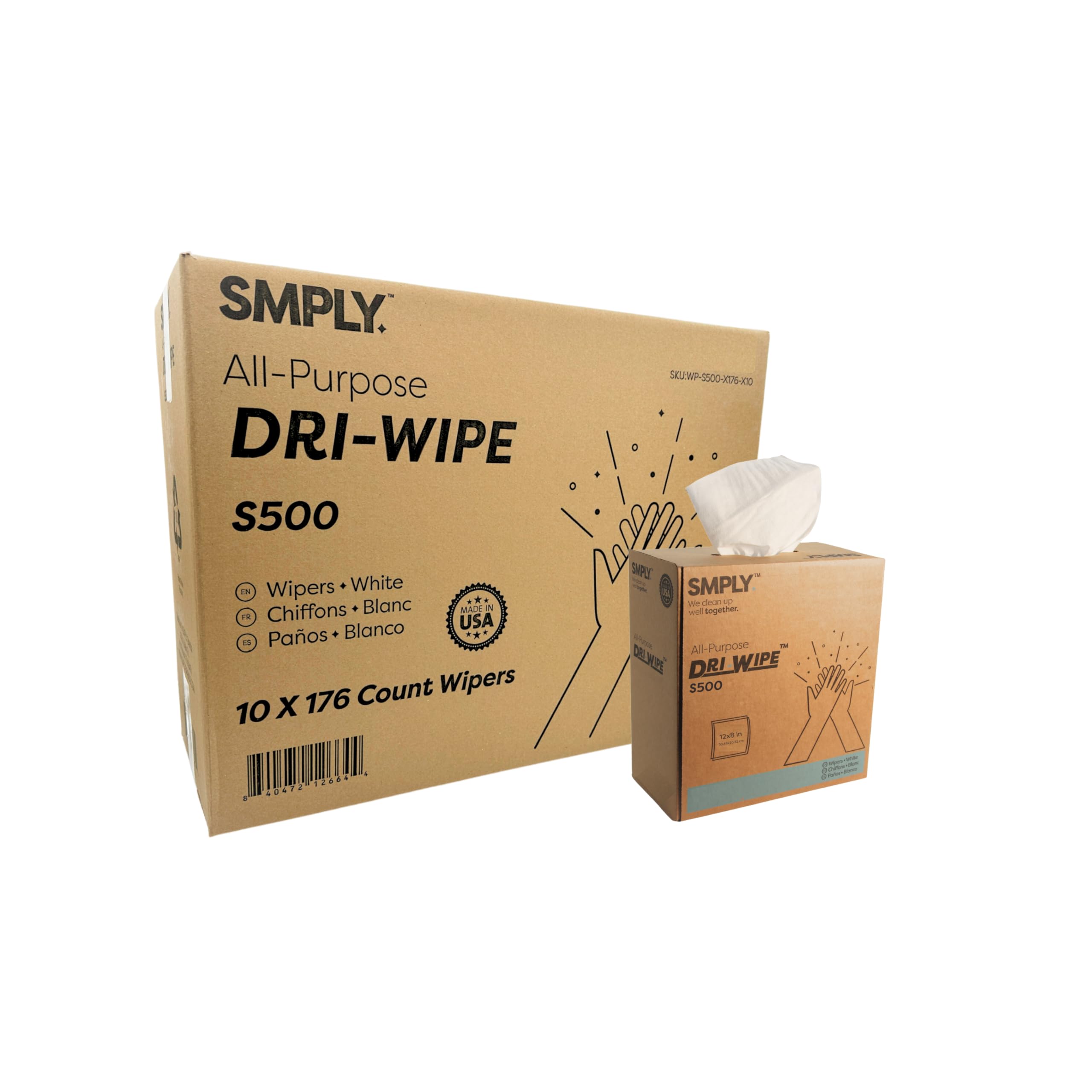 SMPLY. S500 Dri-Wipe | 176 toallitas por caja, paquete de 10 cajas | Limpiaparabrisas duraderos y reutilizables para hospitales, escuelas, servicio de alimentos, automóviles y más.