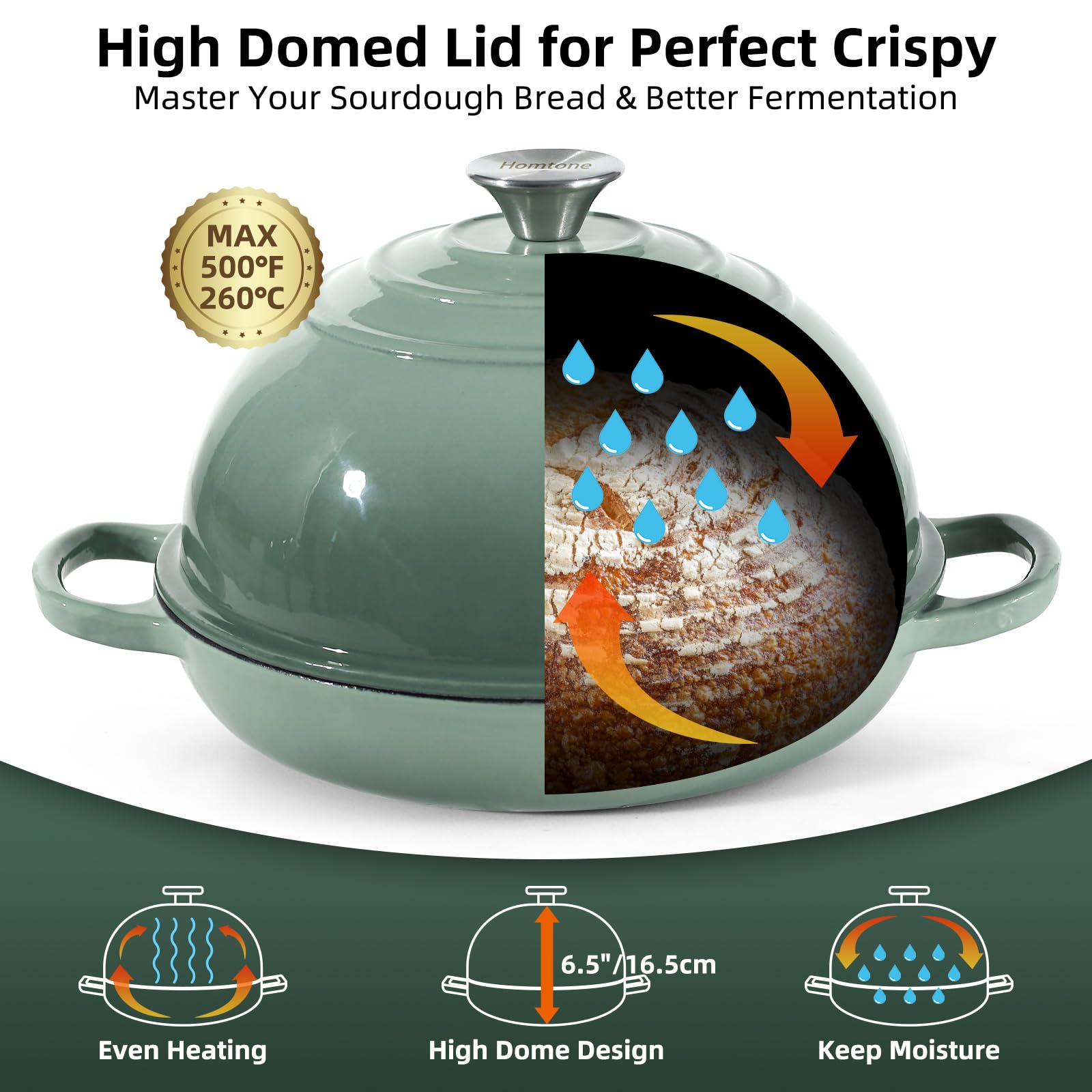 Homtone Horno holandés de hierro fundido esmaltado de 5,2 L/26 cm para pan de masa madre, olla holandesa con tapa abovedada, olla de pan de hierro fundido (verde polvoriento, estándar)