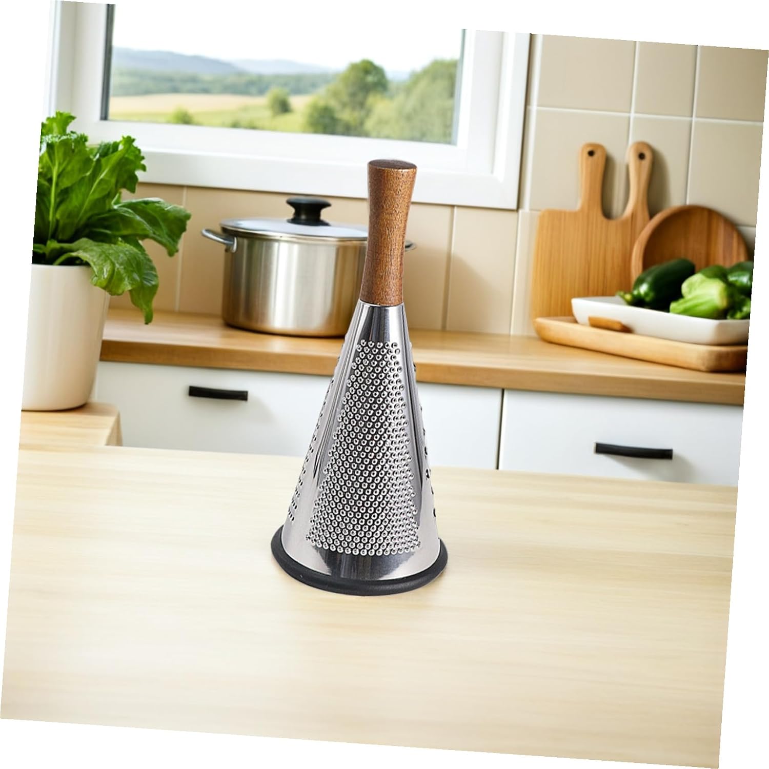 Manual Cheese Grater with Wooden Handle, Stainless Steel Cone Slicer