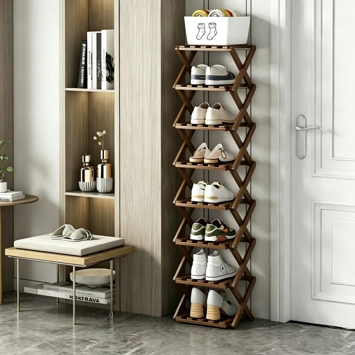 Zapatero plegable, organizador vertical de zapatos de bambú alto para espacios pequeños. Estante estrecho multifuncional para zapatos para entrada, armario, esquina, dormitorio, pasillo, color