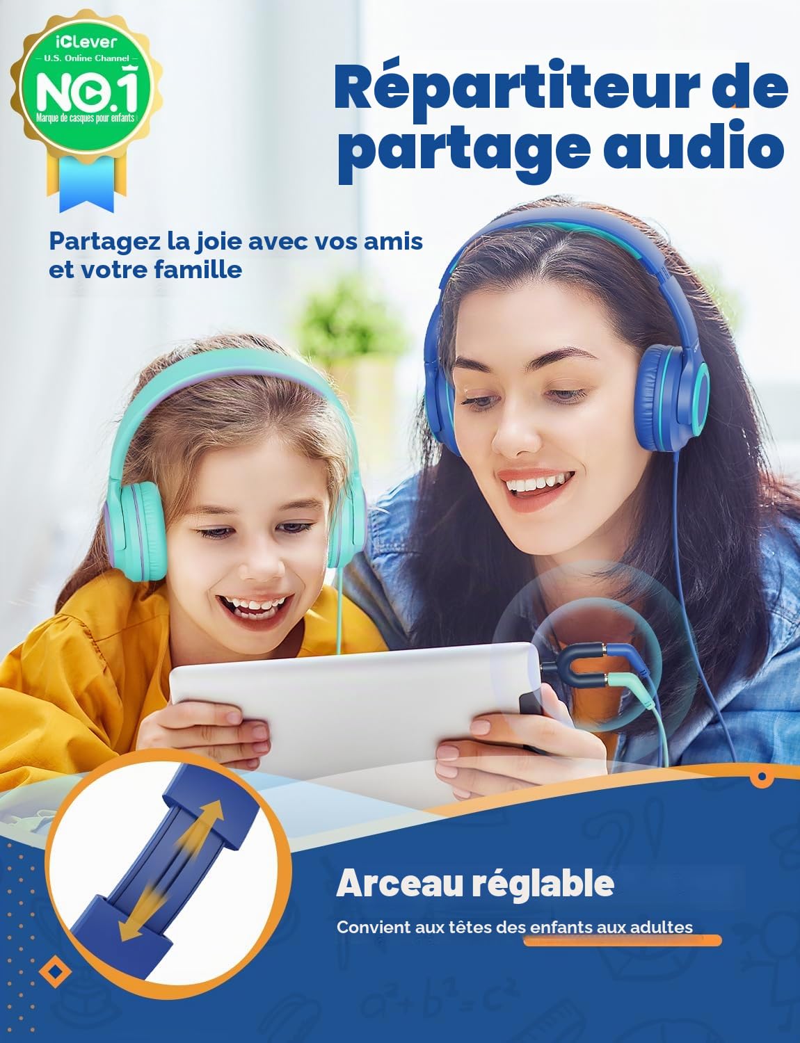 iClever Casque Audio Enfants, Volume Sécurisé Limité 85 dBA – Casque pour Enfant Filaires avec Répartiteur de Partage, écouteurs Stéréo Pliables sans Enchevêtrement pour l'école/Tablette/Voyage