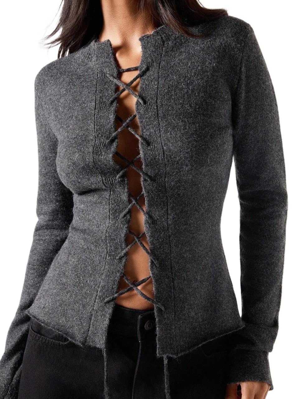 Womens Pullover Sweater Womens Solid Color Tie-Up Long Sleeve Sexy Sweater
