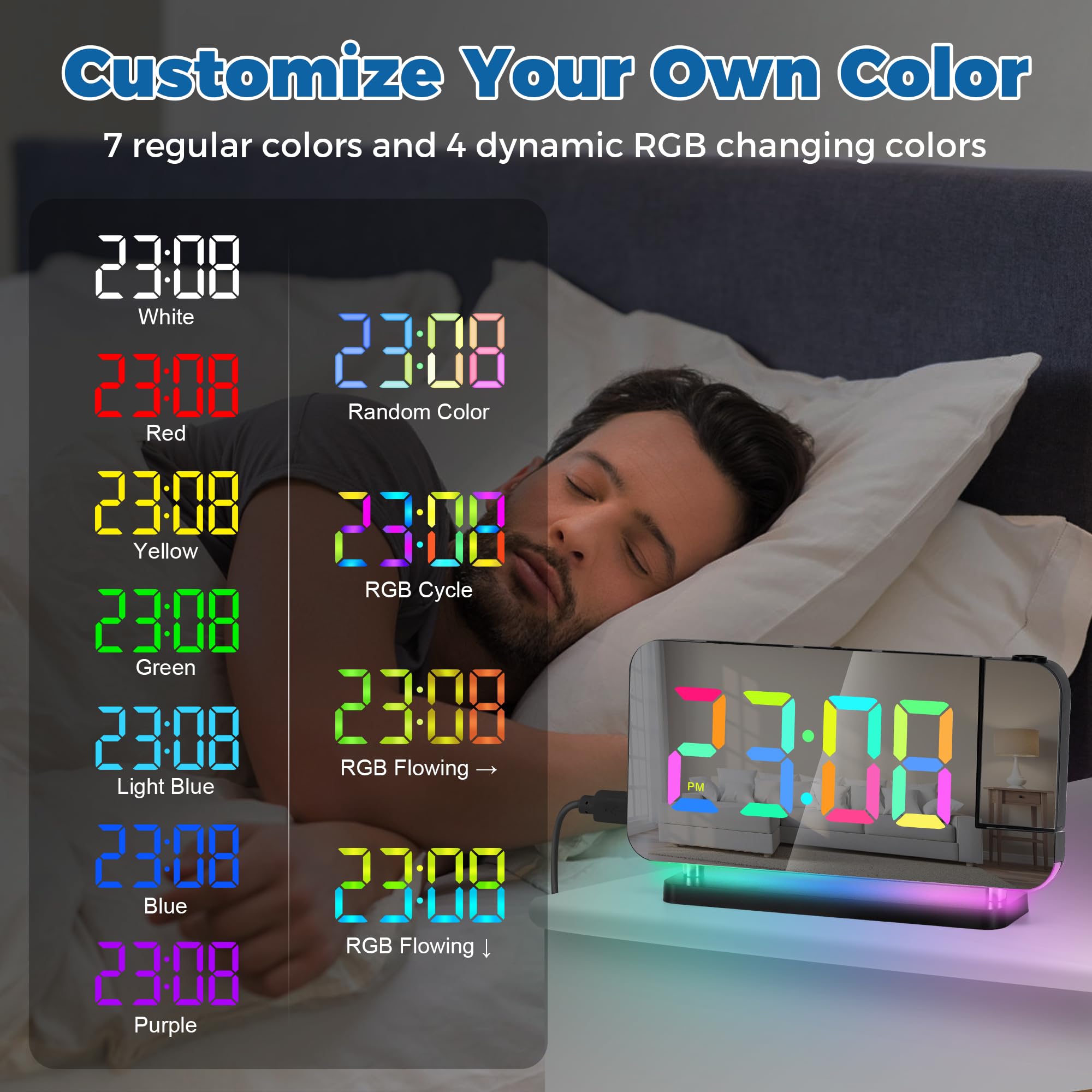 Sveglia con proiezione e radio, Orologio digitale con proiettore girevole a 180°, Sveglie da comodino con 10 modalità di luce notturna RGB, display LED a 11 colori, dimmerabile, volume, Casa, Nero