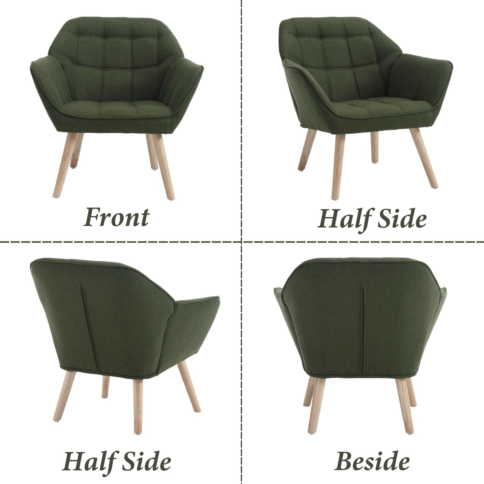 Ya-Home Fauteuil de Salon avec Pieds en Bois Chaise de Salon en Lin Moderne Fauteuil Rembourré pour Chambre, Vert