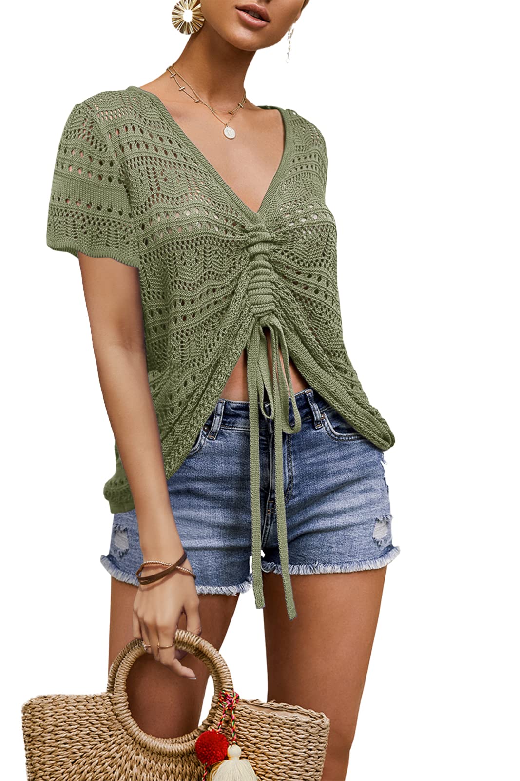 Saodimallsu Womens Boho Off Shoulder Sheer Crop Tops Bell Sleeve Flowy Oversized Crochet Ruched Pullover Sweaters