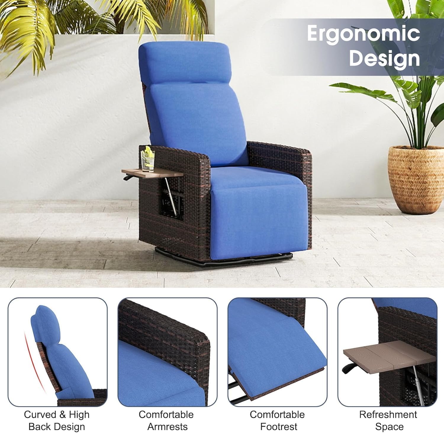 kinbor Outdoor Recliner Chair - High Back Patio 360° Swivel Chair with Flip Side Table Removable Cushion & Footrest (Navy Blue)