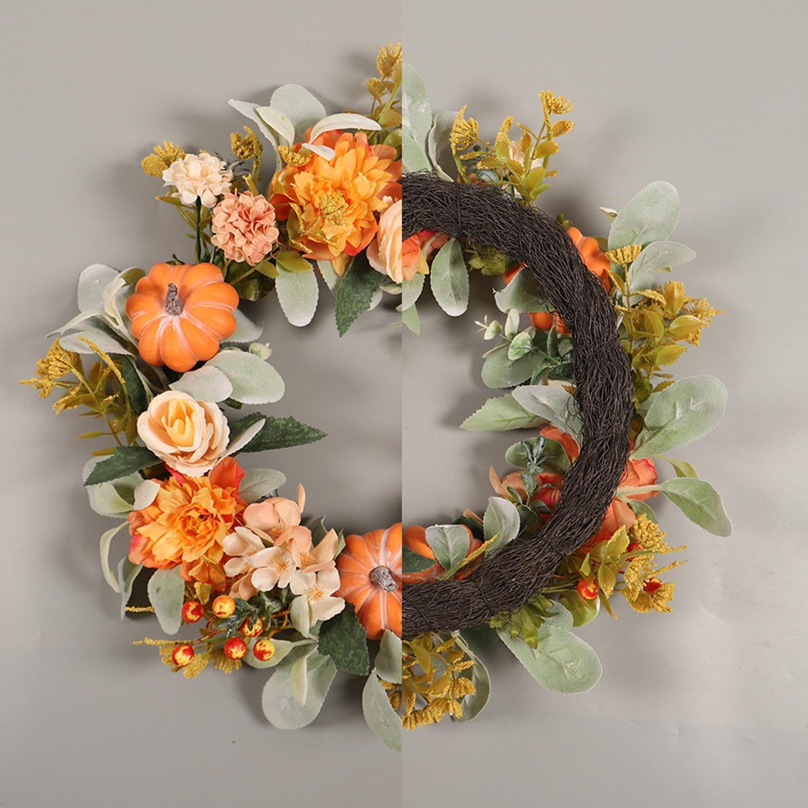Ghirlanda autunnale per la porta di casa, fiori artificiali e decorazioni