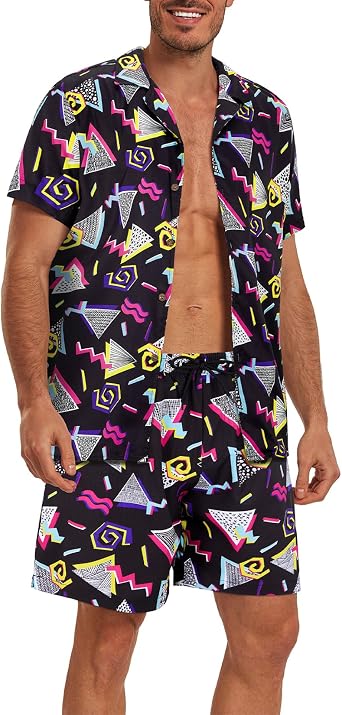 Century Star Mens Hawaiian Beach Outfits - Summer Vacation Hawaii Shirt & Swim Trunks Set 80s Disco Vintage Shirts for Men