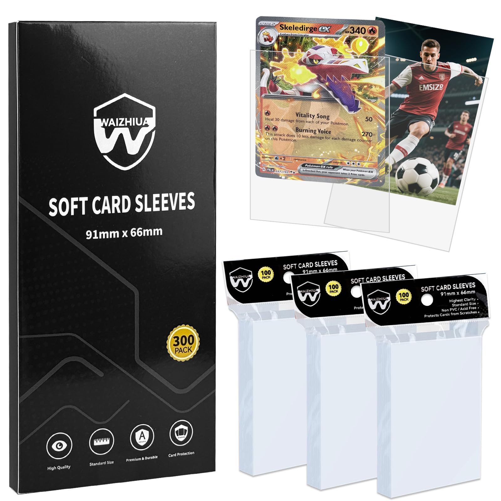WAIZHIUA 300 Pcs Penny Sleeves, 66x91mm Standard Size Card Sleeves, Top Loaders for MTG Sports Cards, Acid-Free Non-PVC
