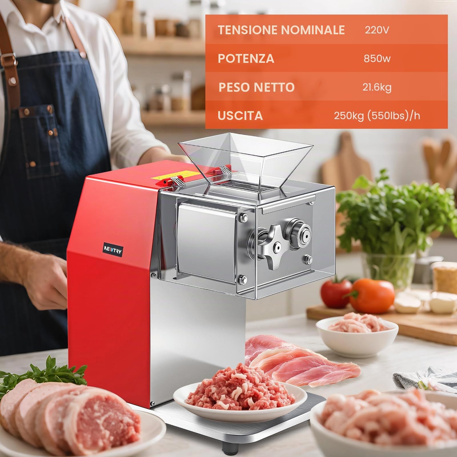 NEWTRY Affettatrice carne commerciale 850W 5mm Gastro taglio cubetti | Acciaio inox, motore potente, facile da pulire, durevole, versatile per macellerie, ristoranti, alta efficienza, lame precise