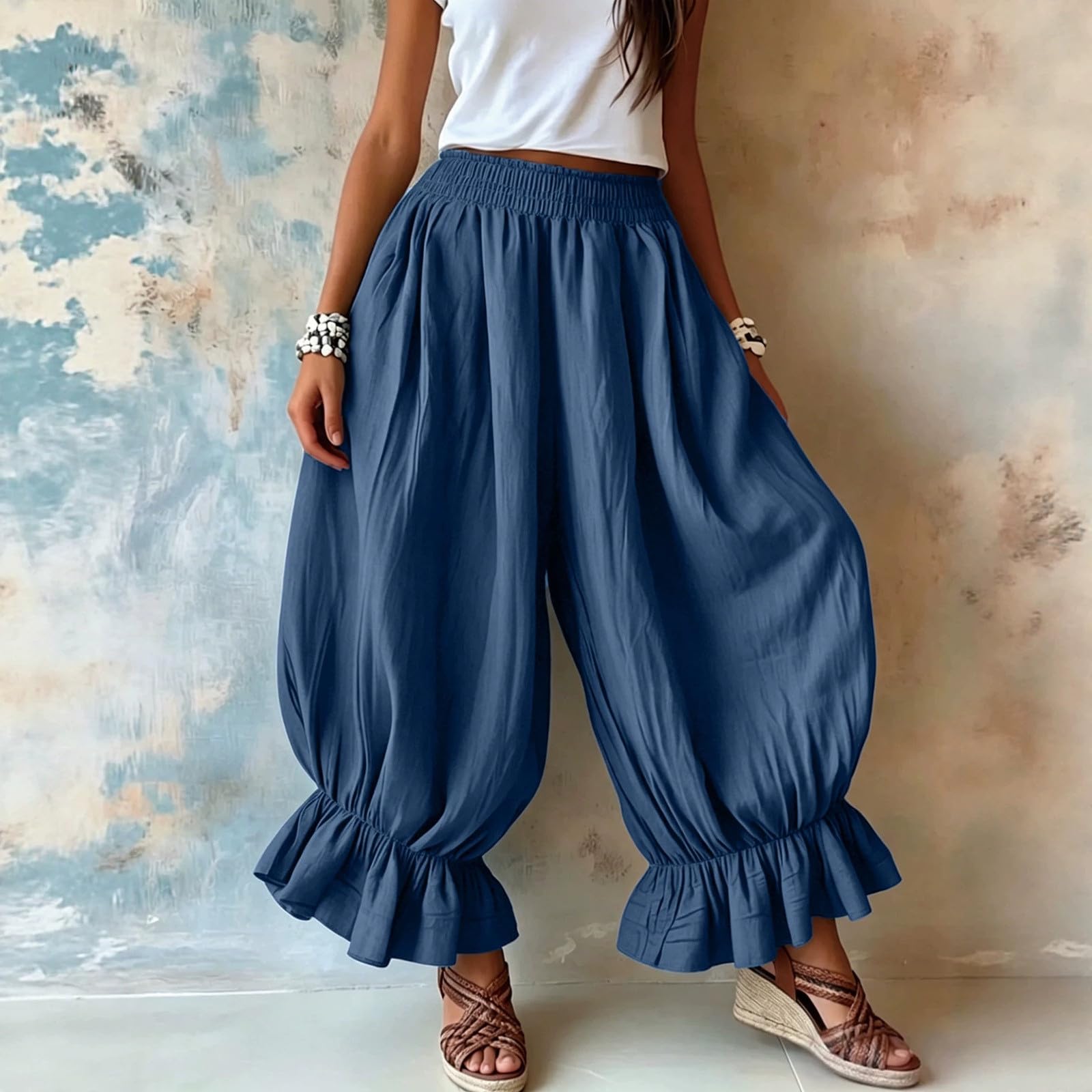 Pantalones de globo largos para mujer, con dobladillo de volantes, cintura alta, holgados, pantalones de palazzo de pierna ancha, para verano, playa, bohemios, holgados, cómodos, estilo Y2K