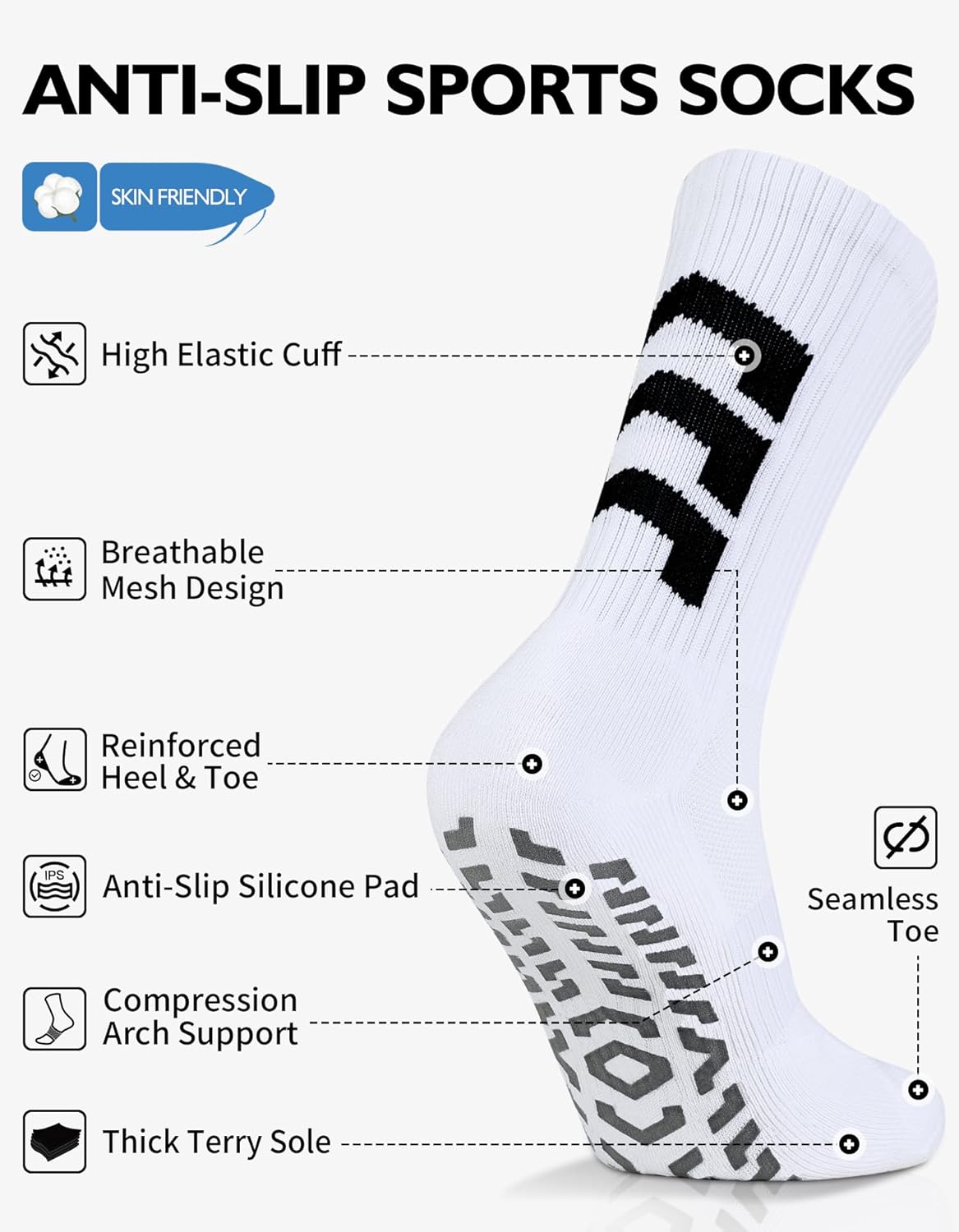 CLOSEMATE Mens Soccer Grip Socks Anti Slip Silicone Pads Cushioned Breathable for Football Training 3 Pairs - Image 3