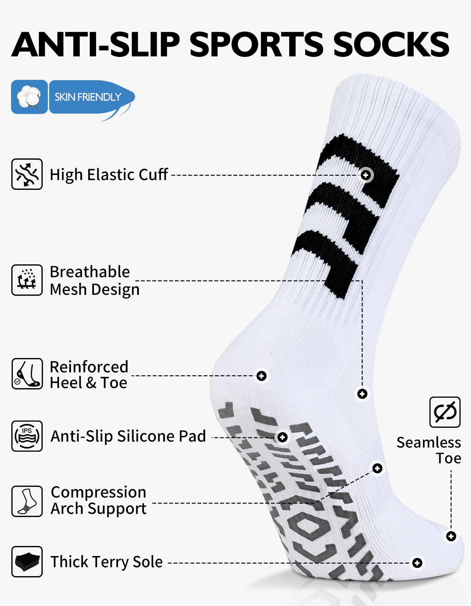 CLOSEMATE Calcetines Antideslizantes Futbol Hombre 1 o 3 Pares Deporte Altos Deportivos Largos Antiampollas Transpirables Baloncesto Blancos Negros
