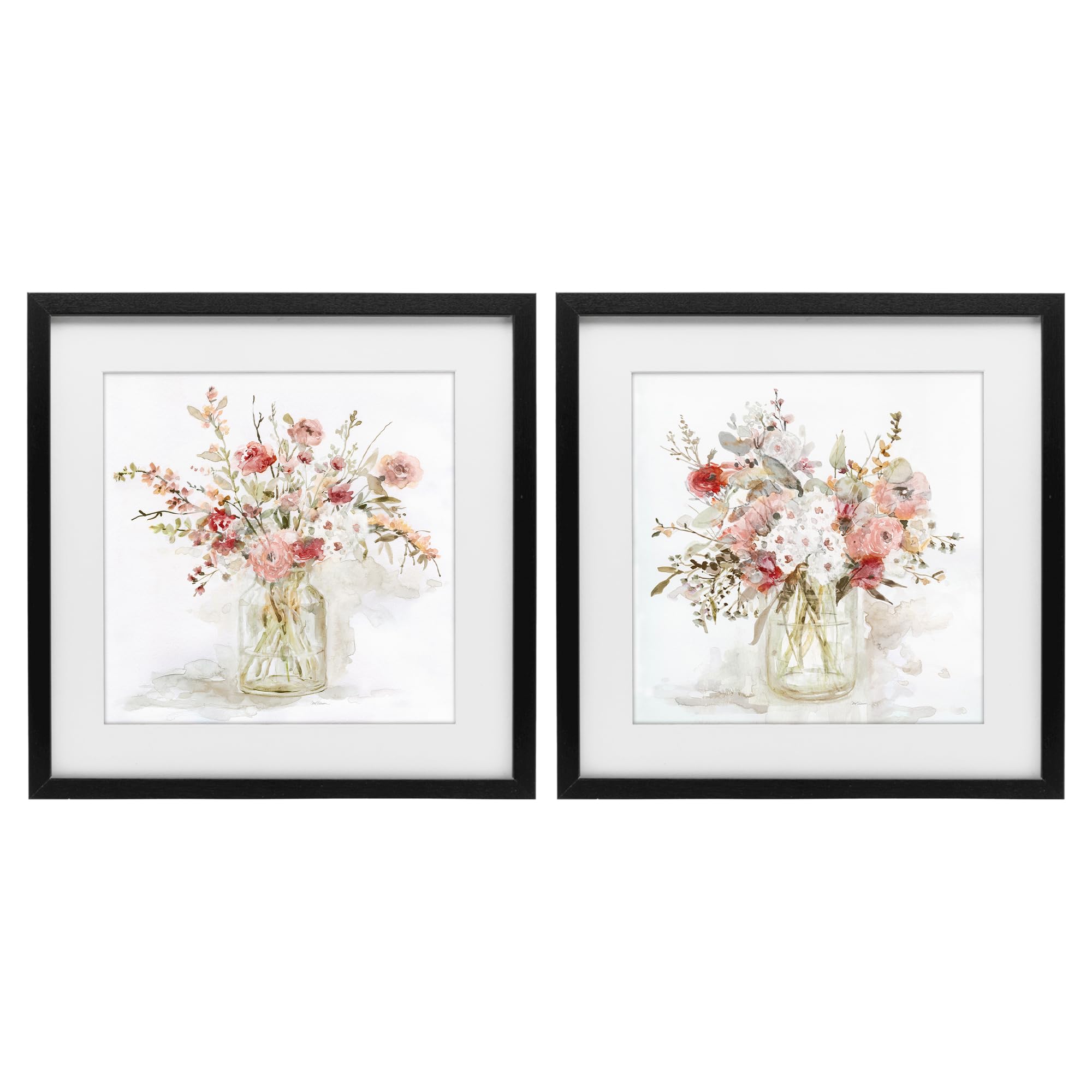 'Delicate Watercolor Bouquets in Glass'| 2pc Framed Print Under Glass Set