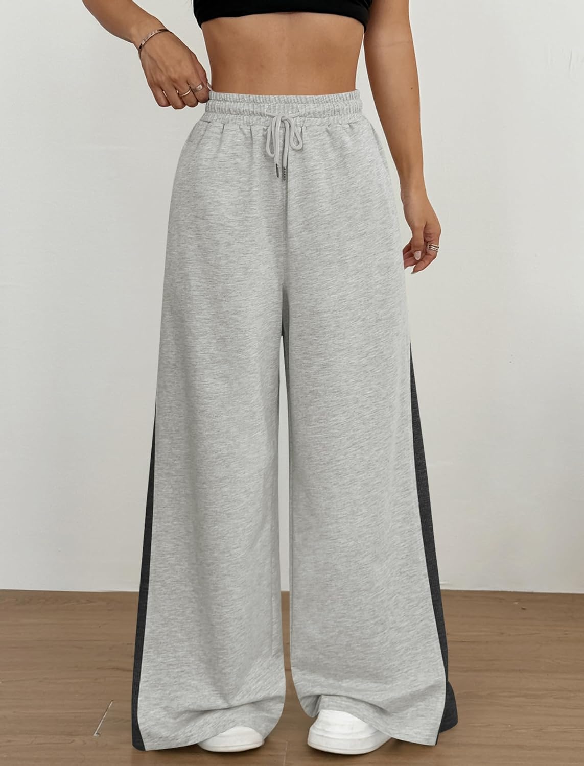 ZAFUL Wide Leg Sweatpants for Women Side Striped Patchwork High Waisted Drawstring Active Joggers Pants with Pockets - Image 2