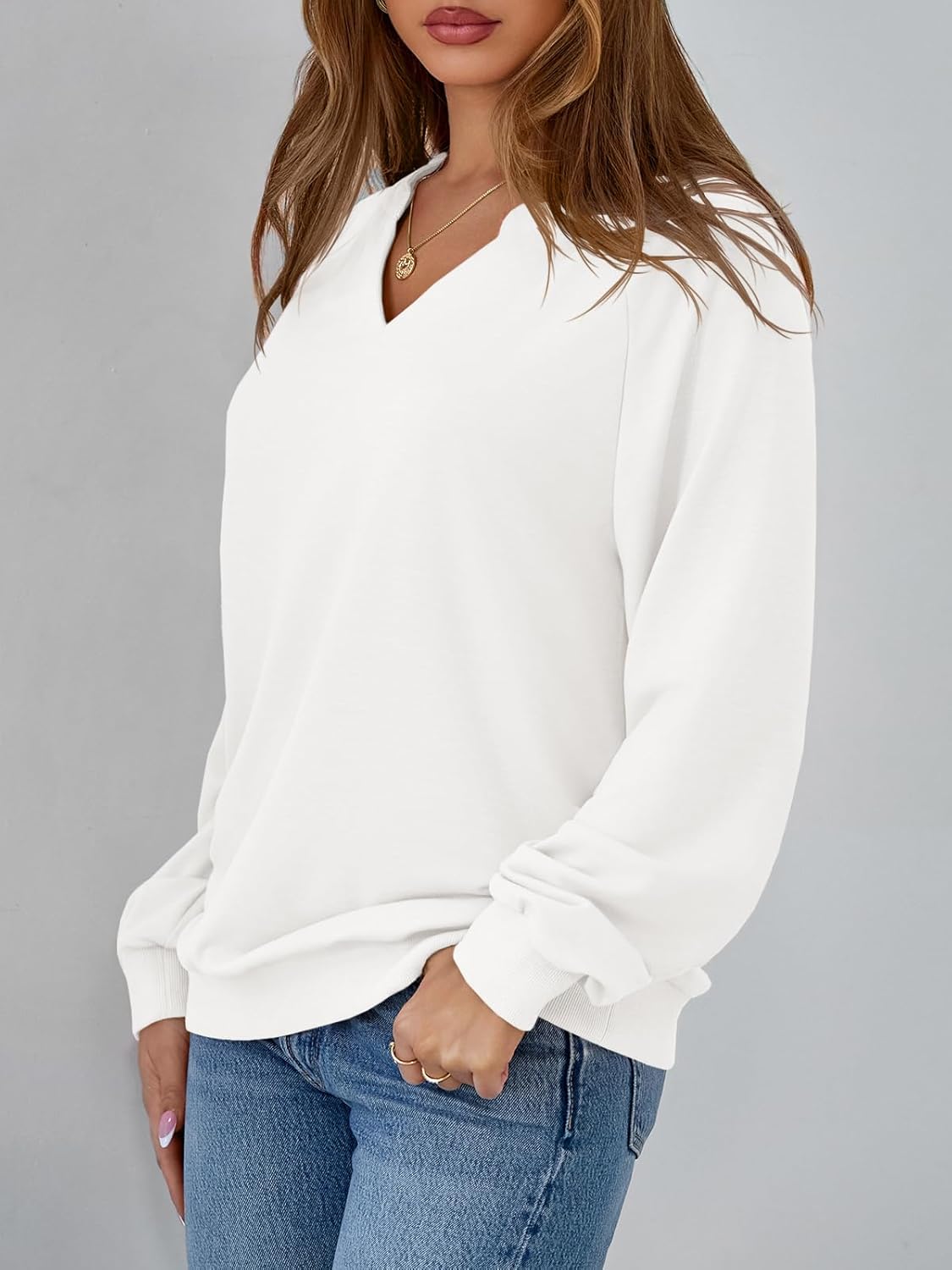 Tankaneo Womens V Neck Long Sleeve Sweatshirts Trendy Casual Lightweight Fall Tops Loose Fit Pullover Shirts - Image 2