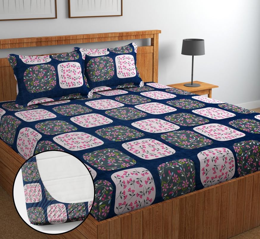 Image of Jashan Elastic King Size Fitted bedsheets with 2 Pillow Cover | King Size bedsheets | 100% Glace Cotton | Fitted bedsheet Cotton King 72 inch x 78 inch inches (Double Elastic Bedsheet, Multi-14)