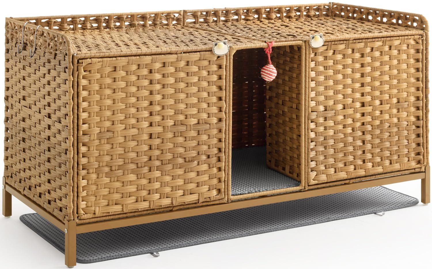 Cat Litter Box Enclosure for 2 Cats, Large Litter Box Furniture with Litter Mat, Handwoven Rattan Cat House with Double Room & Metal Heightened Feet, for Living Room, Bedroom?Natural?