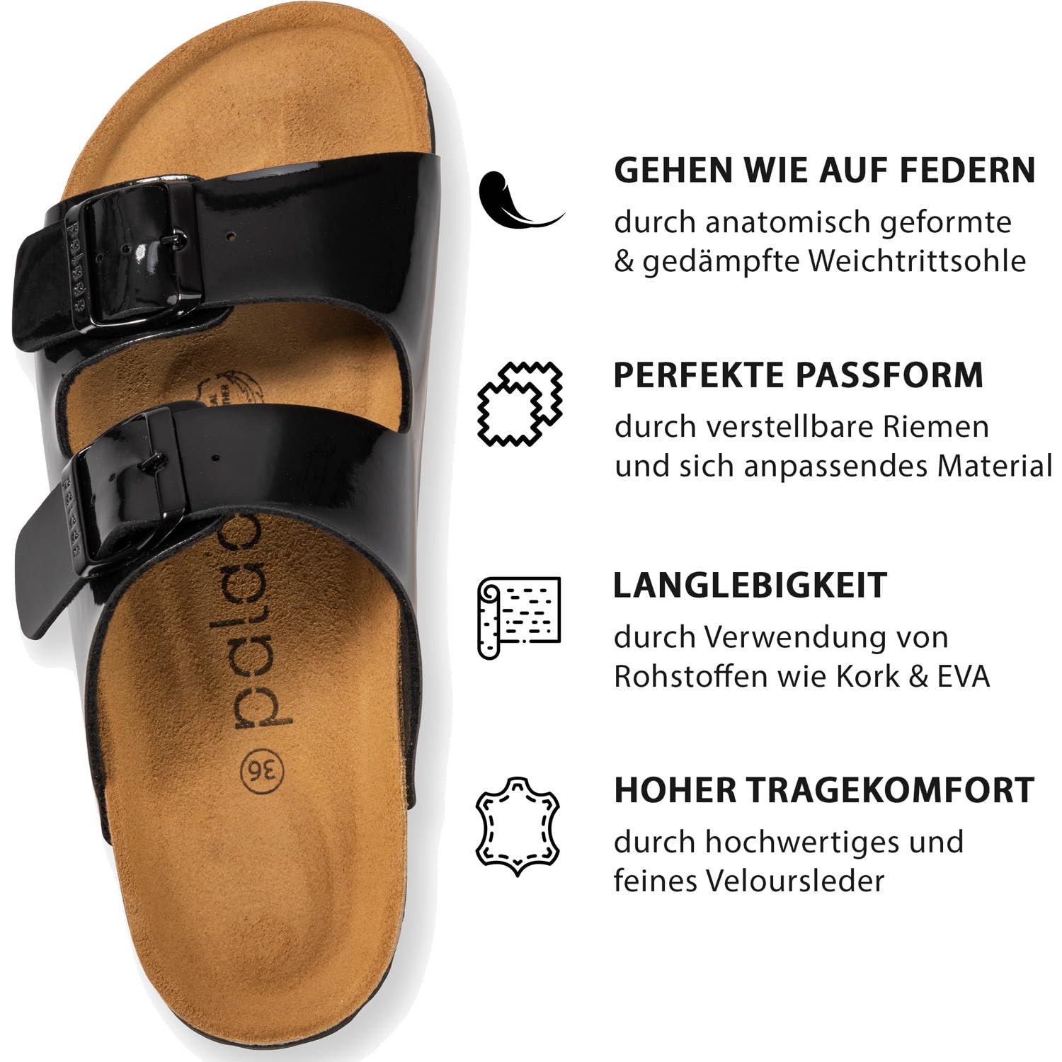 Palado Damen Pantoletten Korfu Matt - Sandalen Made in Spain - bequeme Hausschuhe mit Kork-Fußbett - modische Sommerschuhe
