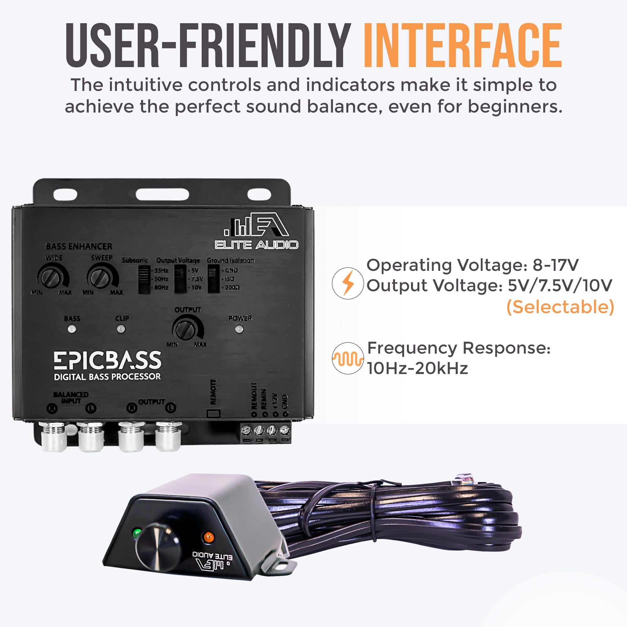 Elite Audio Epicbass Digital Bass Processor – Compact 2-Channel Preamp Input/Output Bass Booster and Restorer with Anti-Corrosive PCB, Subsonic Filter, and Remote Control