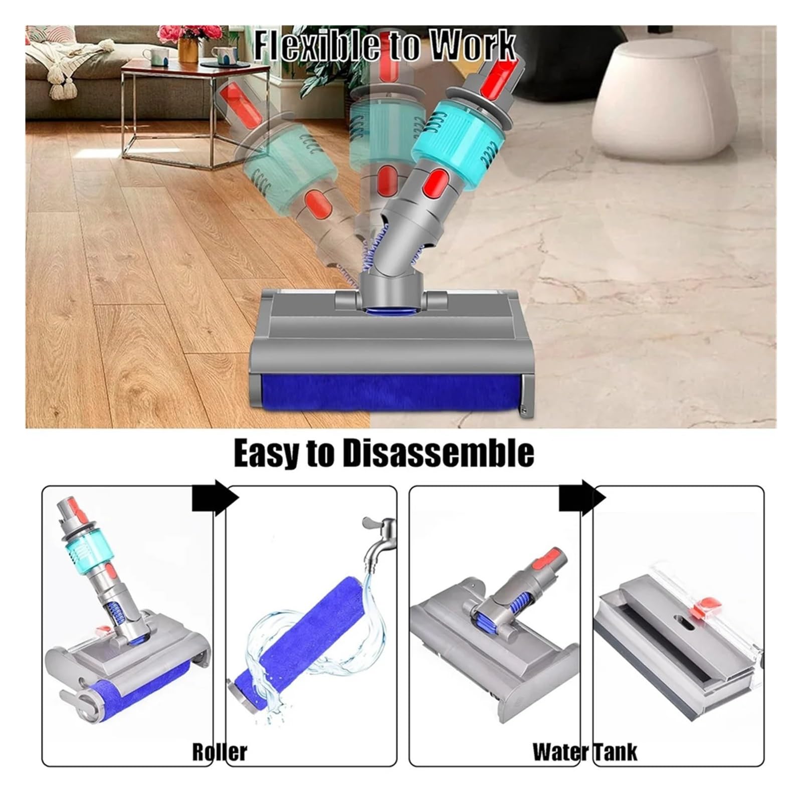 Cabezal De Fregona Eléctrica Húmedo Y Seco con Cepillo De Lavado, Compatible con Dyson, V7 V8 V10 V11 V15, Luz Verde, Limpia Y Seca Suelos Duros