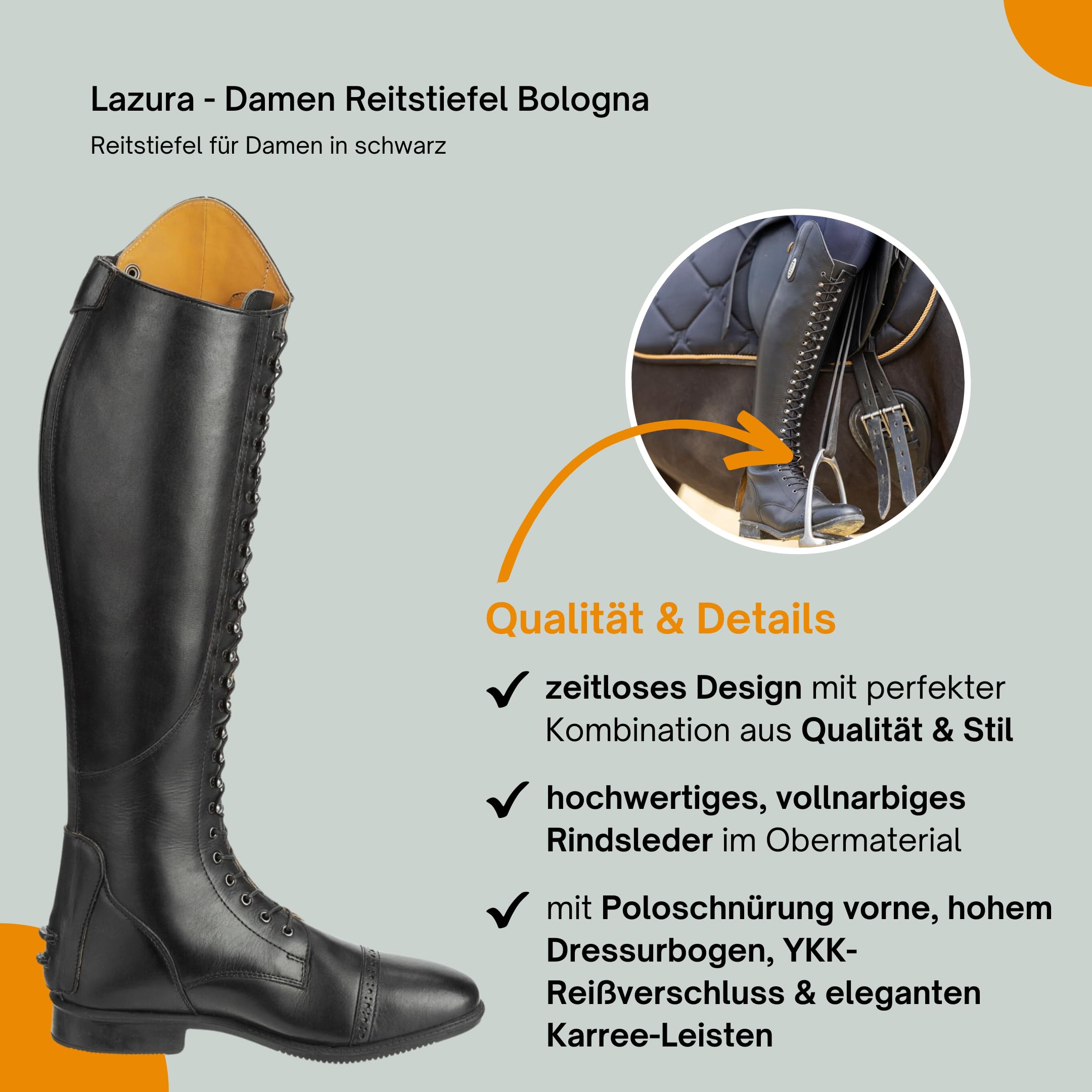 Lazura - Damen Reitstiefel Bologna in Braun oder Schwarz | Lederstiefel Mit Schnürung Vorn & Reißverschluss Hinten | Polo Reitstiefel | Größen 36-42