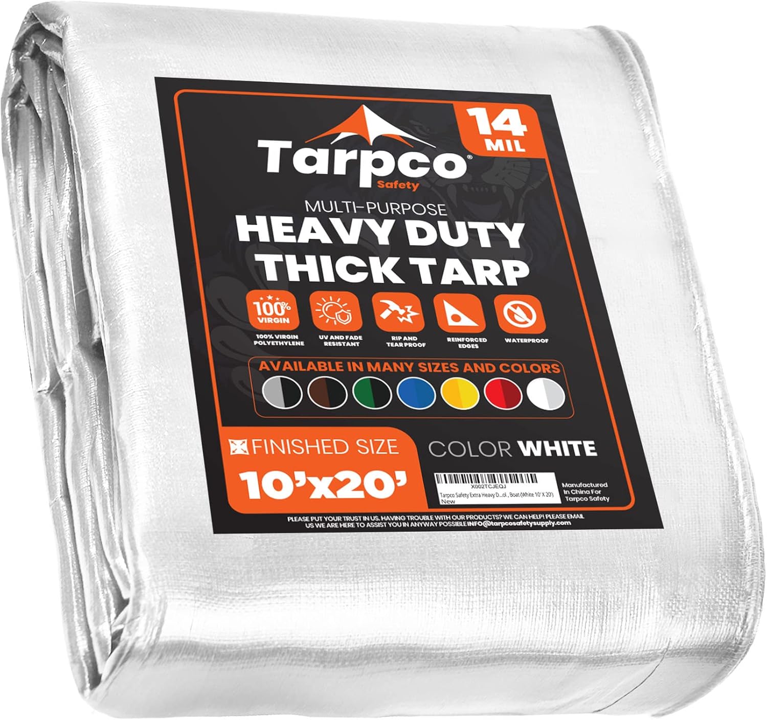 Tarpco Safety Extra Heavy Duty 14 Mil Tarp Cover, Waterproof, UV Resistant, Rip and Tear Proof, Poly Tarpaulin with Reinforced Edges for Roof, Camping, Patio, Pool, Boat (White 10 X 20)