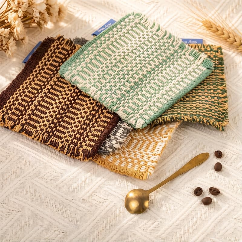 Piece Handwoven Look Linen & Cotton Coffee Coaster Set, Eco-Friendly & Shape-Retaining, Textured Weave, Heat-Resistant & Absorbent, Perfect for Coffee/Tea Cups, Home Bar, Office & Gift