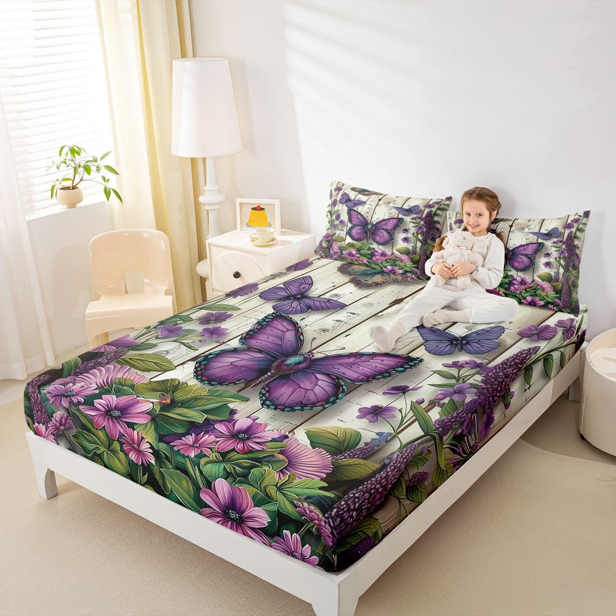 Manfei Sábana bajera ajustable con diseño de mariposas, tamaño King, juego de ropa de cama de flores rústicas, 3 piezas, estilo primaveral, con 2 fundas de almohada, decoración de habitación de niños