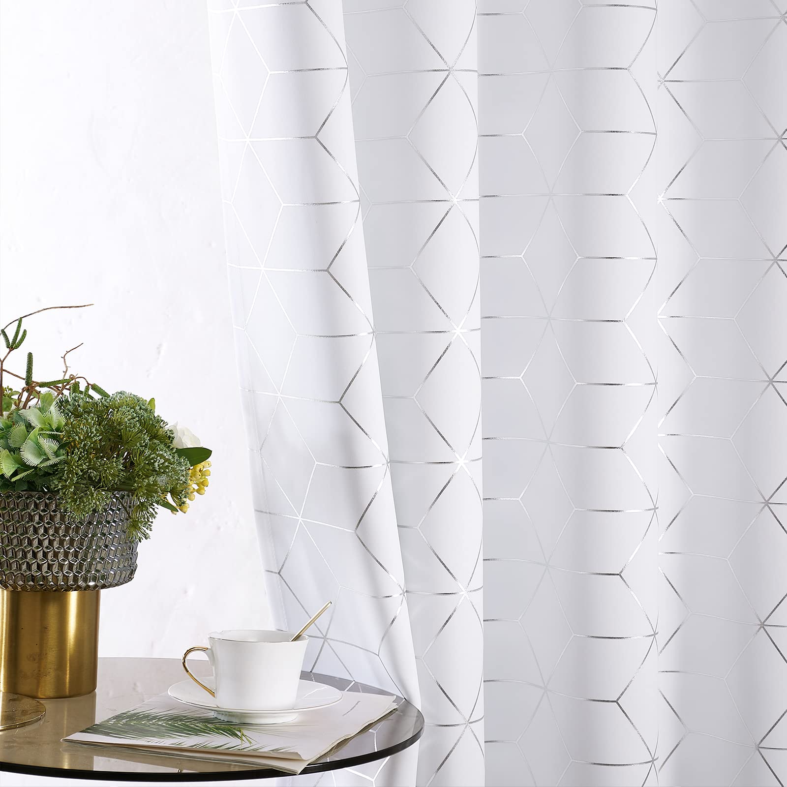 Topick White Curtains 84 Inch Length 2 Panels Set Geometric Pattern Silver Foiled Window Curtains for Living Room Bedroom Thermal Curtains Insulated Light Filtering Window Treatments Grommet Top