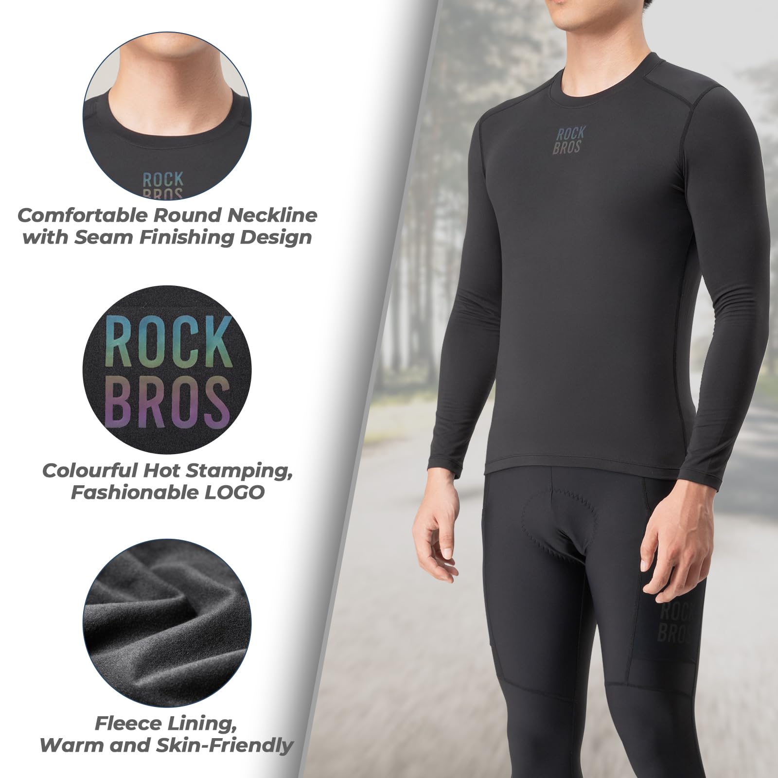 ROCKBROS sous Vêtements Thermique Homme pour Sport, Maillots d’Hiver Cyclisme Chaud à Manches Longues Chauffants Élastique, Noir