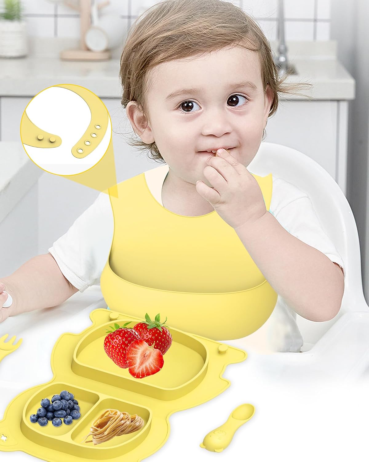 Silicone Baby Feeding Set Foldable, Portable Baby Led Weaning Supplies With 1 Pack Divided Plate, Bib, Spoon and Fork Baby Tableware Set